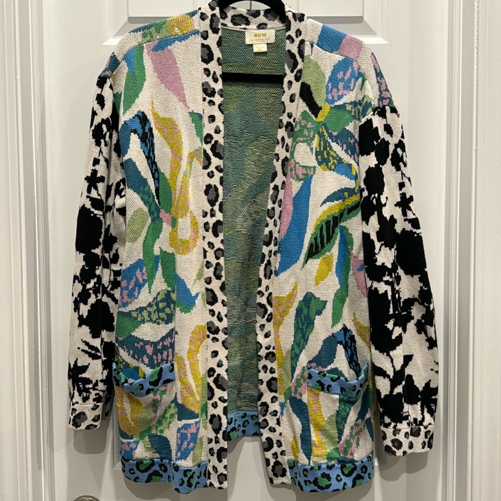Maeve Savannah Contrast Cardigan Sweater size medium floral leopard - Picture 2 of 7